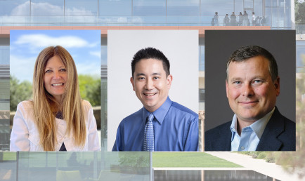 Photo composite of new trustees against a background of the Kravis Center and the Kube. From left to right: Allison Aldrich P'24, Eric Fujimoto ‘93, and Scott Torrey ’91 P’23 P’26
