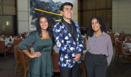 2022-2023 Athenaeum Fellows photographed inside the Ath (left to right): Rukmini Banerjee ’24, Abrahan Vasquez ’23, and Miriam Farah ’23