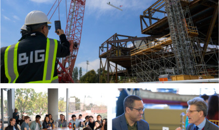 Clockwise: progress of the Robert Day Sciences Center; President Chodosh with Ath Speaker; an Open Academy salon.