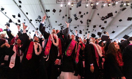 Students throwing caps in air at Commencement 2025