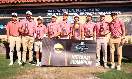 The Claremont-Mudd-Scripps men's golf team presenting their NCAA Division III championship win.