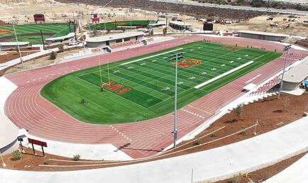Overview shot of the football field at the Sports Bowl at the Roberts Campus