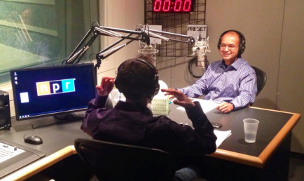 Ananda Ganguly with CGU professor Joshua Tasoff (back turned) in the NPR West studio