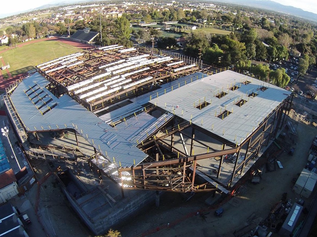 Drone view of Roberts Pavilion construction, Spring 2015 (Photo courtesy of Bryce Raygour, son of CMS Women's Soccer Coach Keri Sanchez)