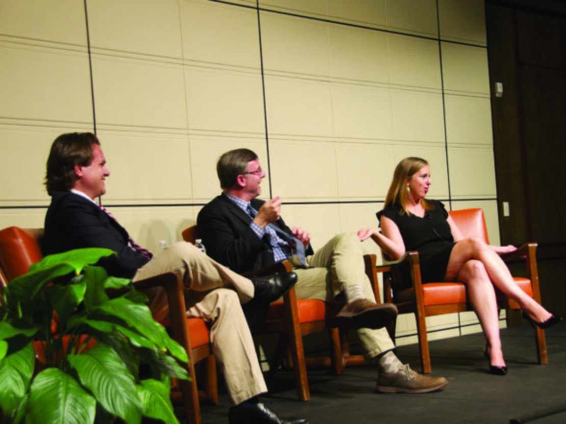 From left: Zach Courser ’99, Michael Shear ’90, and Brandi Hofﬁne ’06