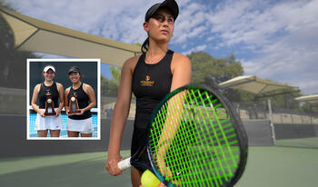 Lindsay Eisenman with tennis racket and insert shot with doubles partner