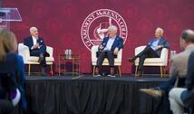 Ken Valach ’82, Henry Kravis ’67, and George Roberts ’66 P’93 on stage during their fireside chat at CMC Leads: The Summit.