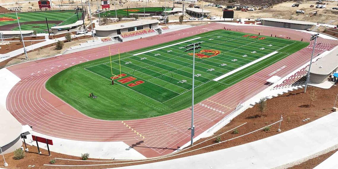 Overview shot of the football field at the Sports Bowl at the Roberts Campus